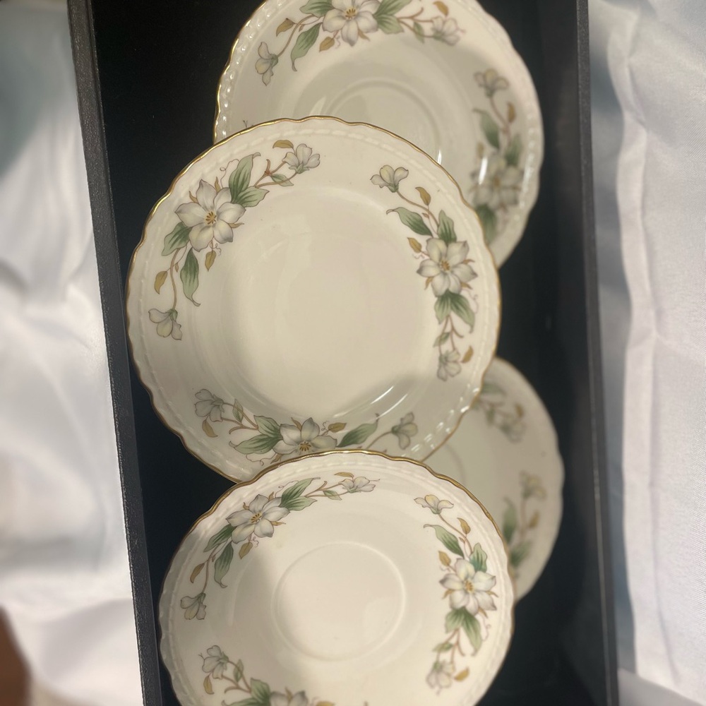 Elegant set of four Floral White China Dessert Plates with Gold Trim